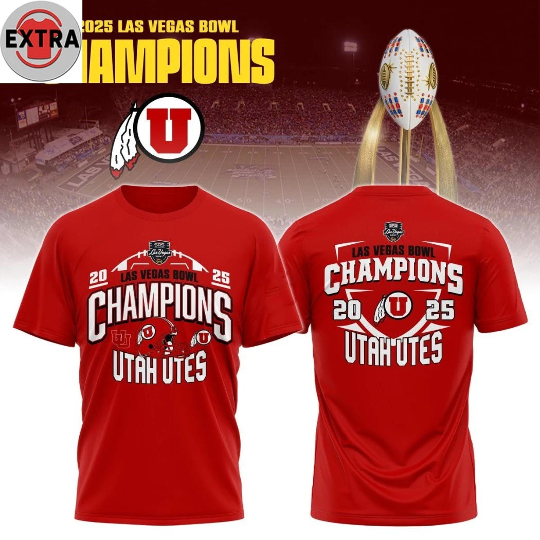 Official Utah Utes Las Vegas Bowl Champions 2025 Helmet And Logo Shirt