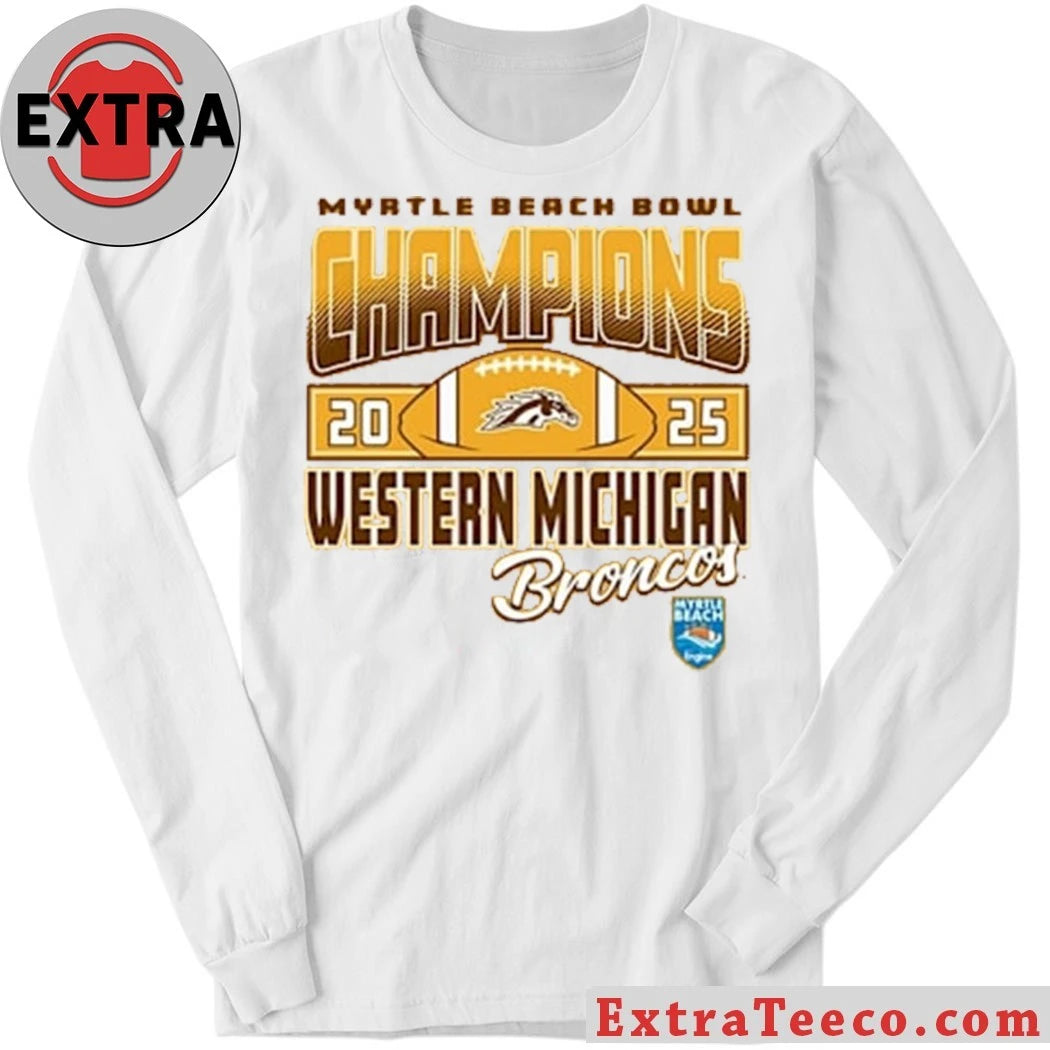 Official Western Michigan Broncos Gold Blue 84 2025 Myrtle Beach Bowl Champions Shirt