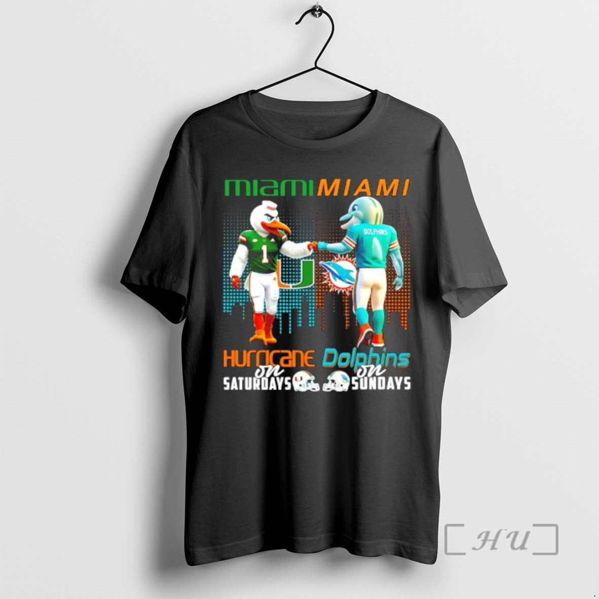 Officials Miami Hurricanes On Saturdays Vs Miami Dolphins On Sundays Mascot Skyline Premium T Shirts Hoodie, Sweatshirt