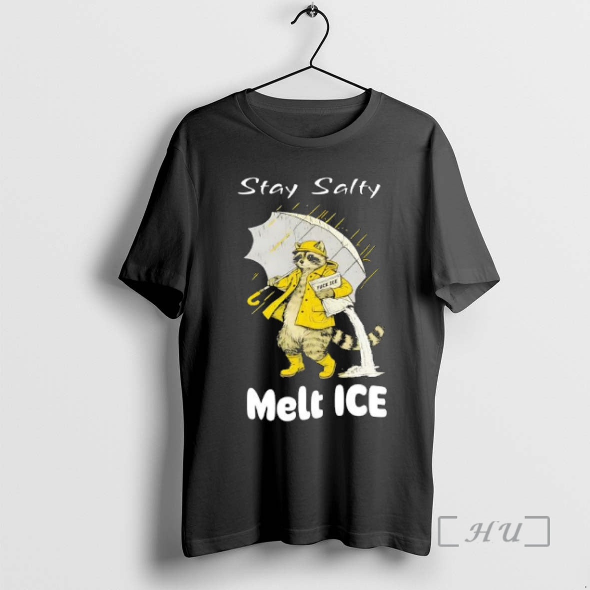 Officials Raccoon In A Yellow Raincoat Stay Salty Melt Ice Anti Ice Premium T Shirts Hoodie, Sweatshirt | PodTeesHub.com