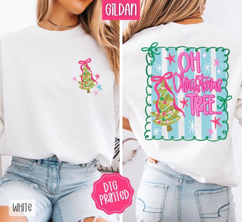 Oh Christmas Tree Front & Back Sweatshirt, Trendy Women's Holiday Crewneck T-Shirts, Hoodie | PodTeesHub.com