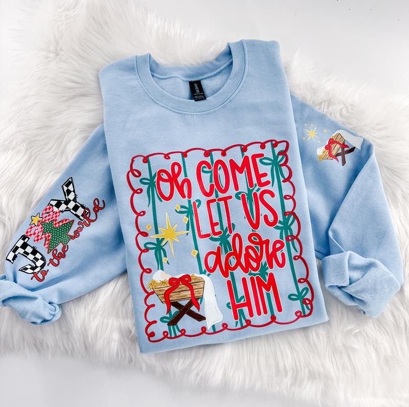 Oh Come Let Us Adore Him Nativity Baby Jesus Checkered Christmas Gift Sweatshirt or Hoodie with sleeve print Comfy...
