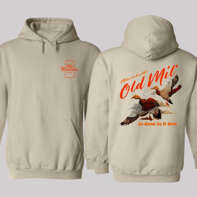 Old Mil Hunting 2 Sides Hoodie, Black Cotton Crewneck Unisex Sweatshirt with Beer Printed Design, Gift Casual Style for...