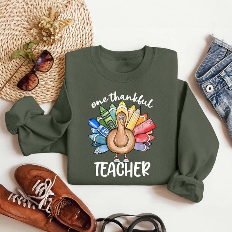 One Thankful Teacher Sweatshirt, Funny Thanksgiving Turkey Crewneck, Cozy Fall Teacher Sweater, Autumn Classroom Outfit,...