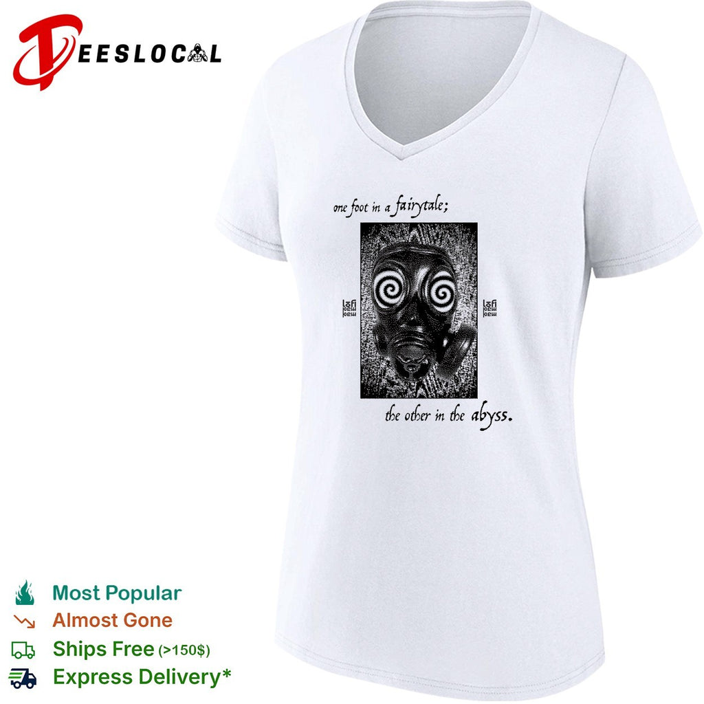One foot in a fairytale the other in the abyss hypnotic spiral eyes face shirt
