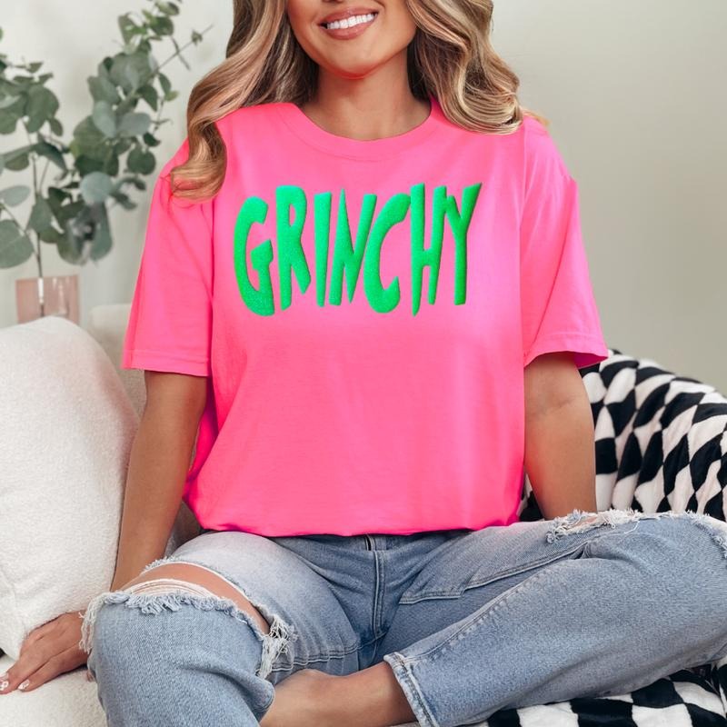 Orca ~ "GRINCHY" Glitter Puff Unisex T-shirts ~ Comfort Colors ~ Christmas ~ Women's T-shirts Hoodie, Sweatshirt