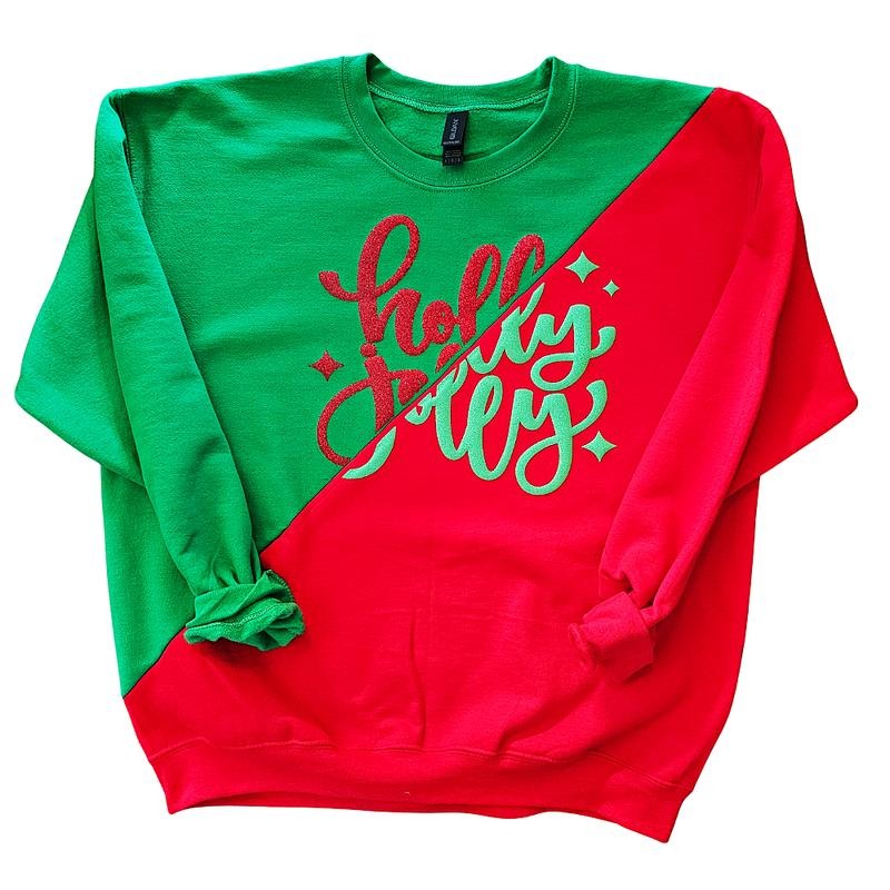 Orca ~ HOLLY JOLLY Unisex Split Red & Green Sweatshirts with Glitter Puff ~ Small - 4XL Christmas Crewneck Casual...