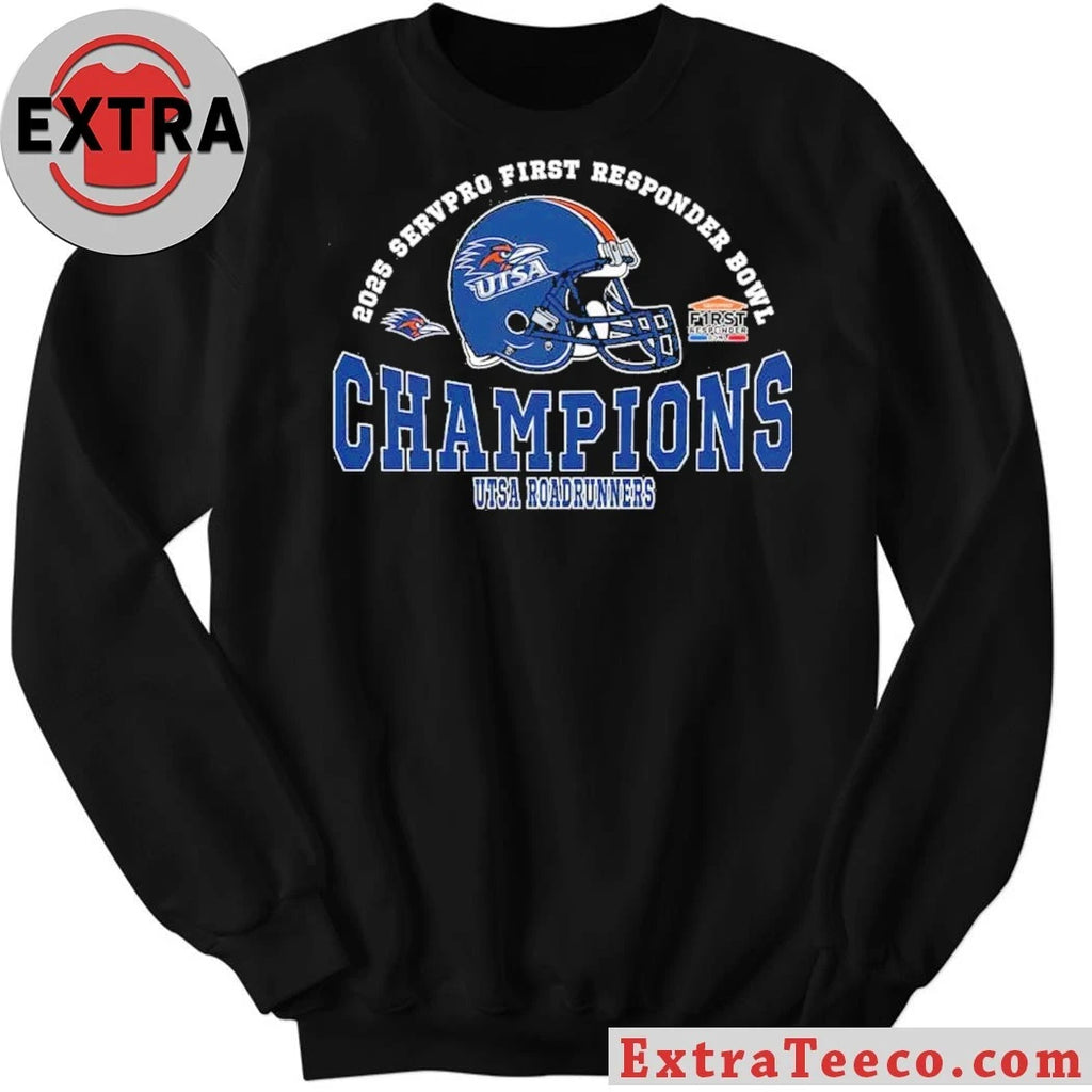Original 2025 First Responder Bowl December Champions UTSA Roadrunners Football Champions 2025 Servpro First Responder Bowl Helmet And Logo T-Shirt