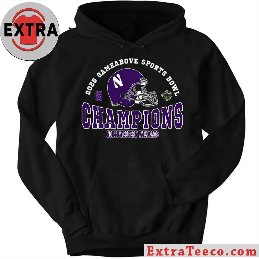 Original Celebrating the Northwestern Wildcats’ 2025 GameAbove Sports Bowl championship on December 26, 2025 at Ford Field, Detroit, Michigan Helmet And Logo Shirt