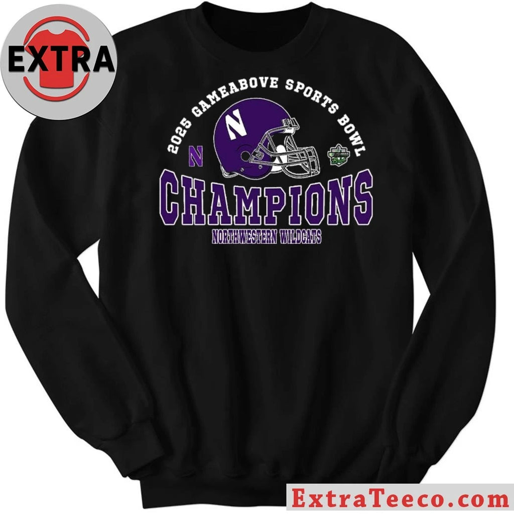 Original Celebrating the Northwestern Wildcats’ 2025 GameAbove Sports Bowl championship on December 26, 2025 at Ford Field, Detroit, Michigan Helmet And Logo Shirt
