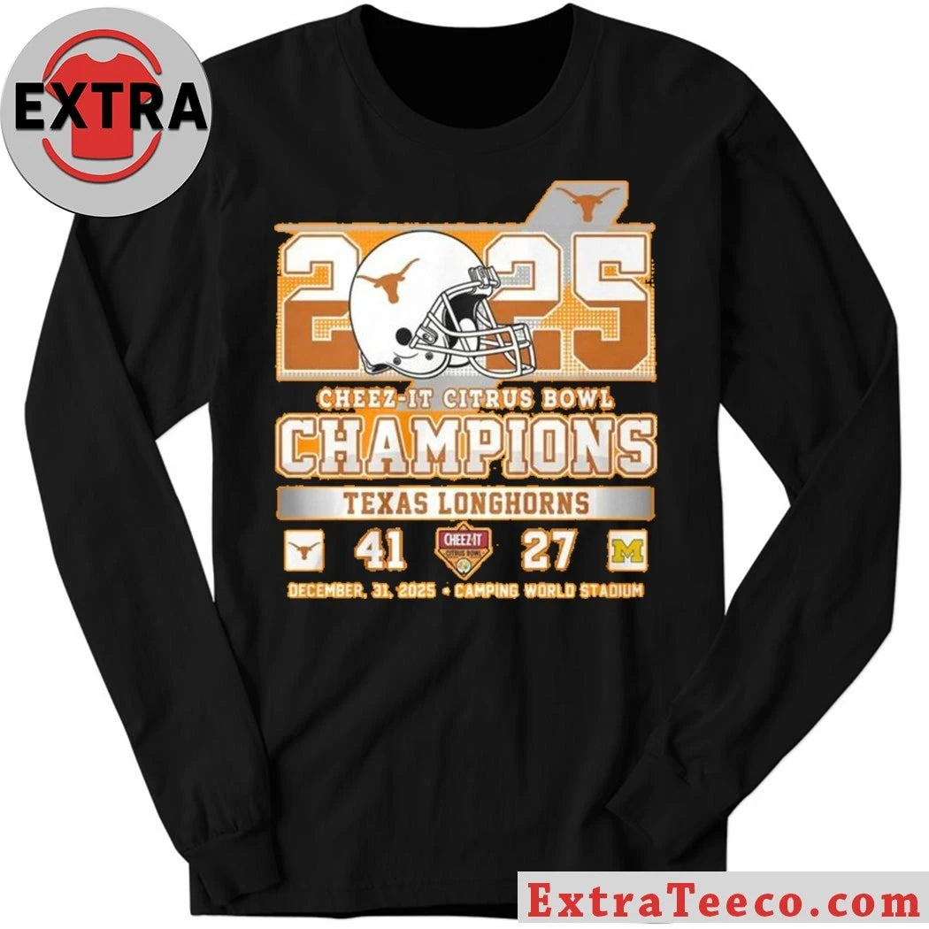 Original Commemorative T-shirt celebrating the Texas Longhorns’ victory at the 2025 Cheez-It Citrus Bowl. Texas 41 – Michigan 27 Camping World Stadium, Orlando, Florida Shirt