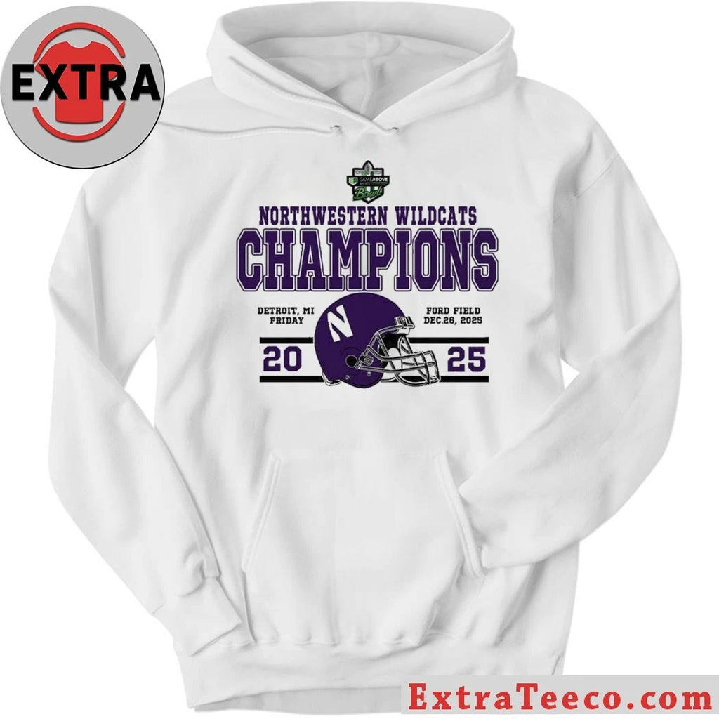 Original Congrats Northwestern Wildcats Football To The Champions 2025 GameAbove Sports Bowl Helmet And Logo T-Shirt