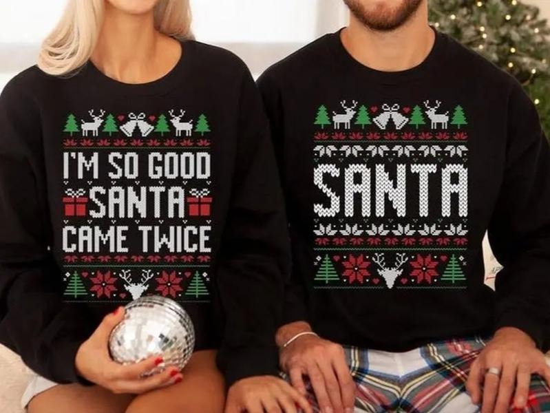 Original Funny Couples Matching Ugly Christmas Sweater, Santa Twice Design, 100% Cotton Couple Sweatshirt, Holiday...