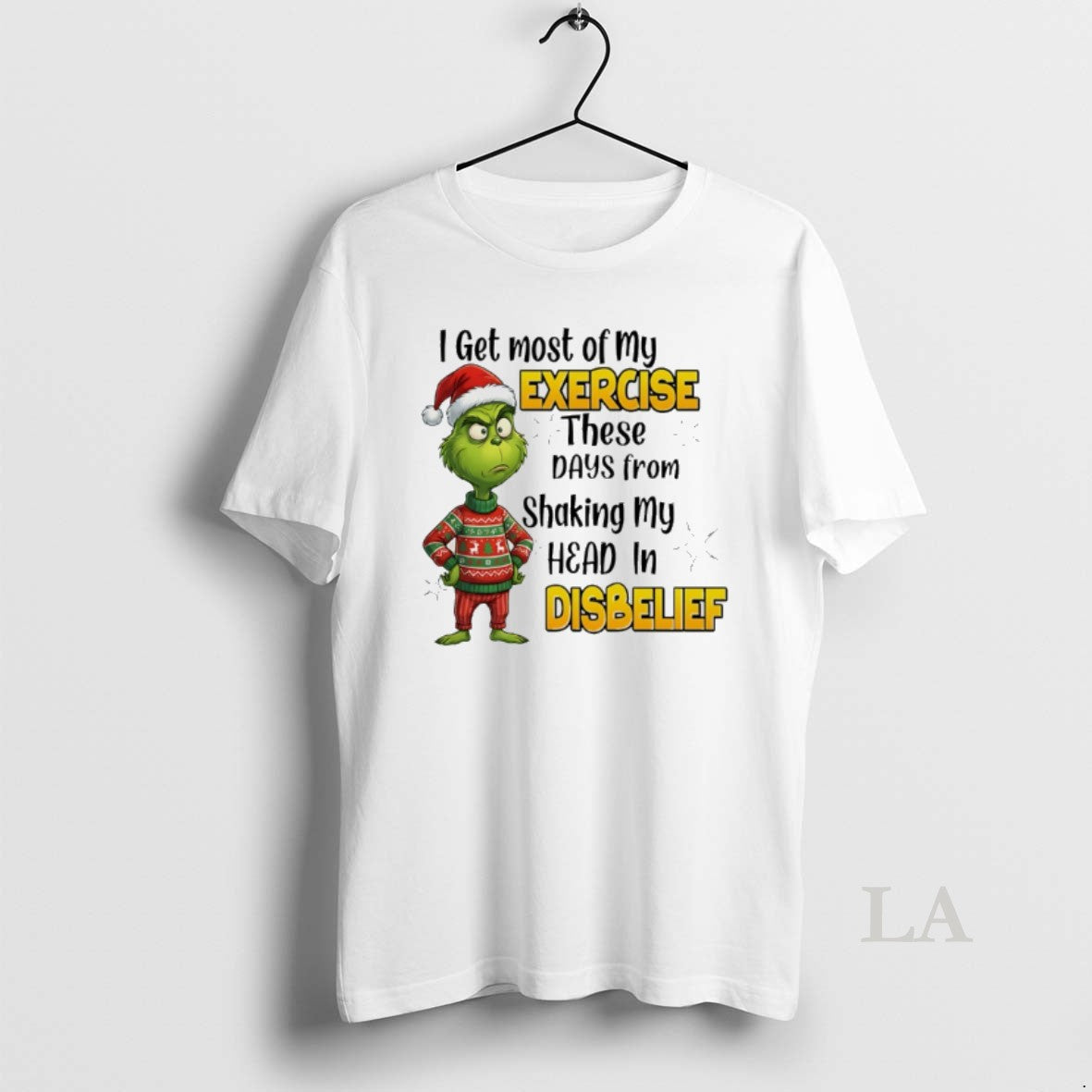 Original Grinch Santa I Get Most Of My Exercise These Days From Shaking My Head T-Shirts, Hoodie, Sweatshirt | PodTeesHub.com