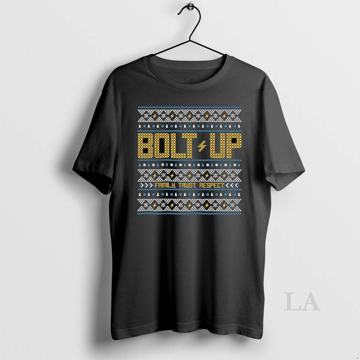Original Los Angeles Chargers Bolt Up Family Trust Respect Ugly Christmas T-Shirts, Hoodie, Sweatshirt | PodTeesHub.com