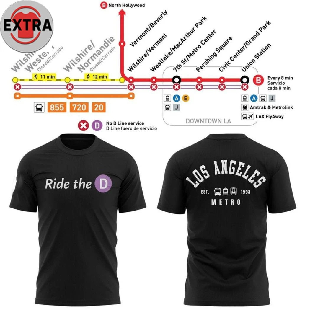 Original Los Angeles Metro Ride The D Est. 1993 Logo Two Sided T-Shirt