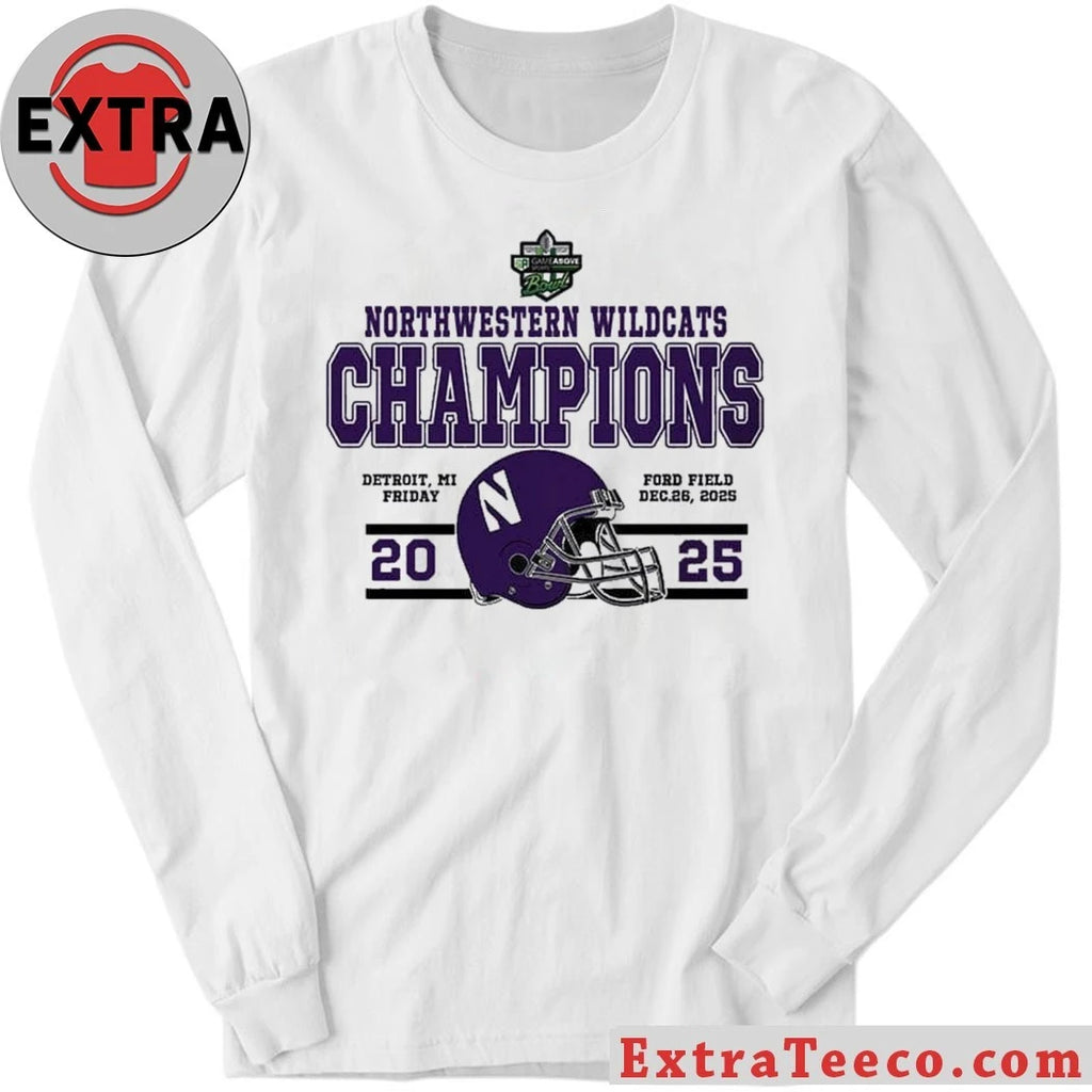 Original Northwestern Wildcats 2025 Gameabove Sports Bowl Champions, score 34-7, December 26, 2025, at Ford Field in Detroit, MI Helmet And Logo Shirt