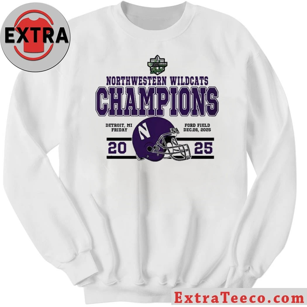Original Northwestern Wildcats 2025 Gameabove Sports Bowl Champions, score 34-7, December 26, 2025, at Ford Field in Detroit, MI Helmet And Logo Shirt