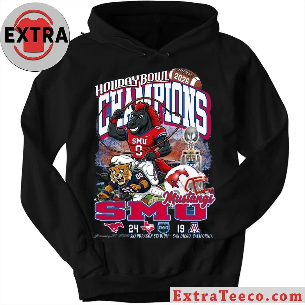 Original T-shirt commemorating the SMU Mustangs’ 2026 Holiday Bowl championship victory (24-19) at Snapdragon Stadium, San Diego, California