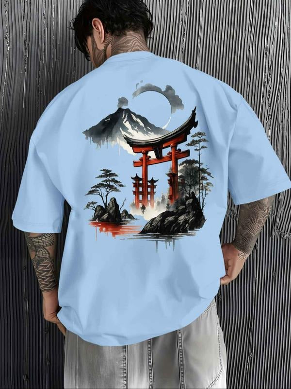 Oversized Men's Japanese Art Graphic T-Shirt - Torii Gate & Mount Fuji Design, Trendy Street Style Top for Daily Edgy...