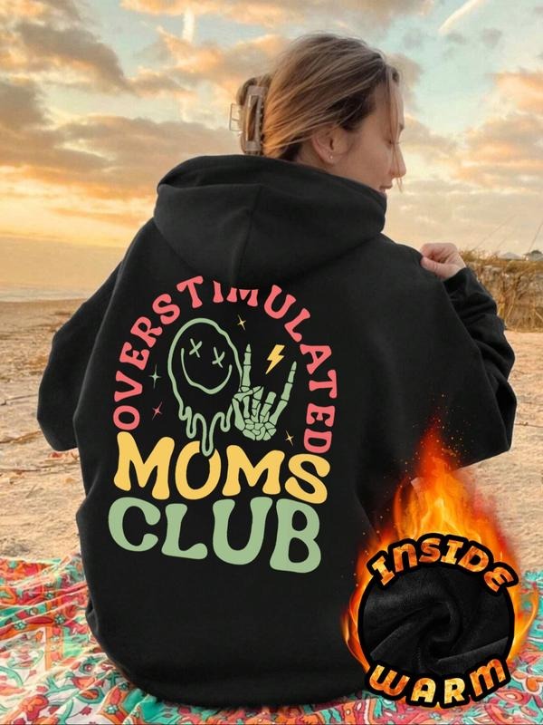 "Overstimulated Moms Club" Retro Graphic Hoodie - Women's Black Fleece-Lined Oversized Sweatshirt T-Shirts | PodTeesHub.com