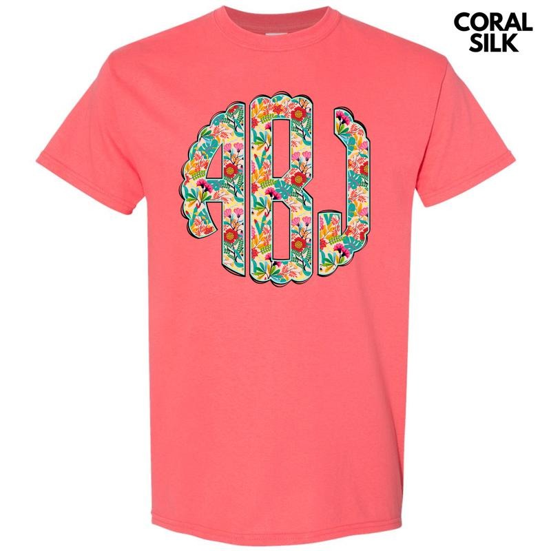 Paradise Floral Monogram Gildan Short Sleeve T-Shirt 'NLB' Hoodie, Sweatshirt | PodTeesHub.com