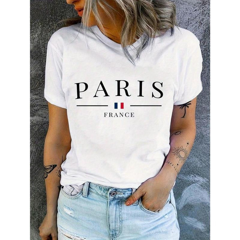 Paris Chic Crew Neck Short Sleeve T-Shirt - Soft Mid-Elasticity Polyester Knit Fabric, Alphabets Pattern, Relaxed Fit,...