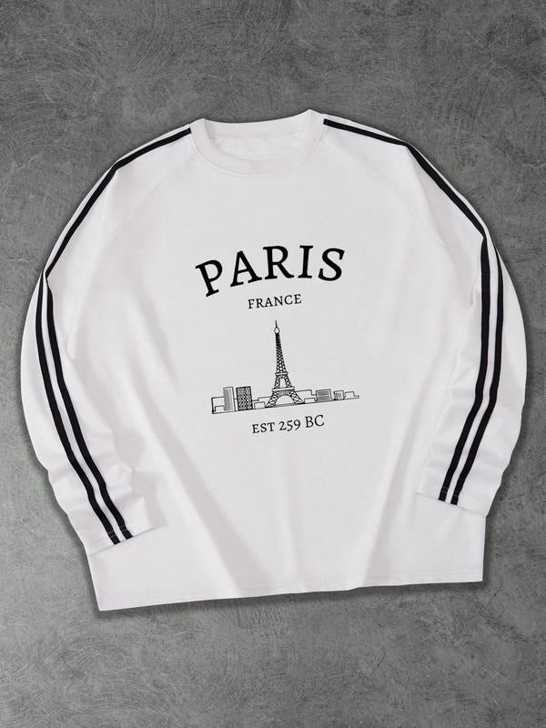 Paris Print Casual Street Style Long Sleeve Tee, Loose-Fit Comfortable Men's Top for Spring & Fall, Fashionable Innerwear...