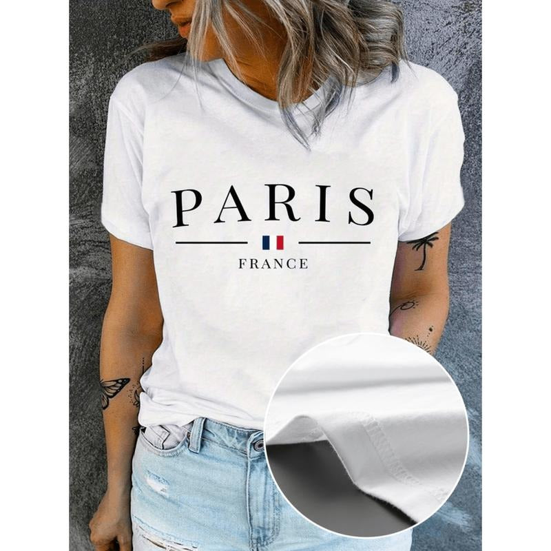 Paris Print Crew Neck T Shirt Short Sleeve Casual Top For Women Spring Summer Fashion White Tee Hoodie, Sweatshirt