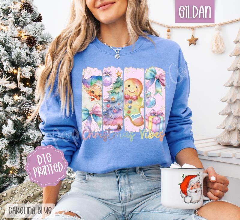 Pastel Christmas Vibes Sweatshirt, Trendy Women's Holiday Crewneck T-Shirts, Hoodie | PodTeesHub.com