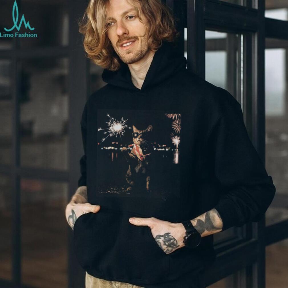 Patriotic American Flag Cat With Sparkler July 4th Graphic Shirt