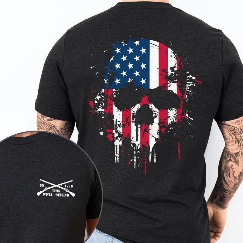 Patriotic American Flag Skull TShirt Regular Fit Street Round Neck Short Sleeve Shirt,Menswear, America 4th of July...