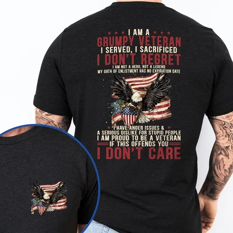 Patriotic American Veteran Flag 2 Sides T-Shirt Men's Basic Print Crew Neck Tee, Short Sleeve T-shirt, Gift for Men for...