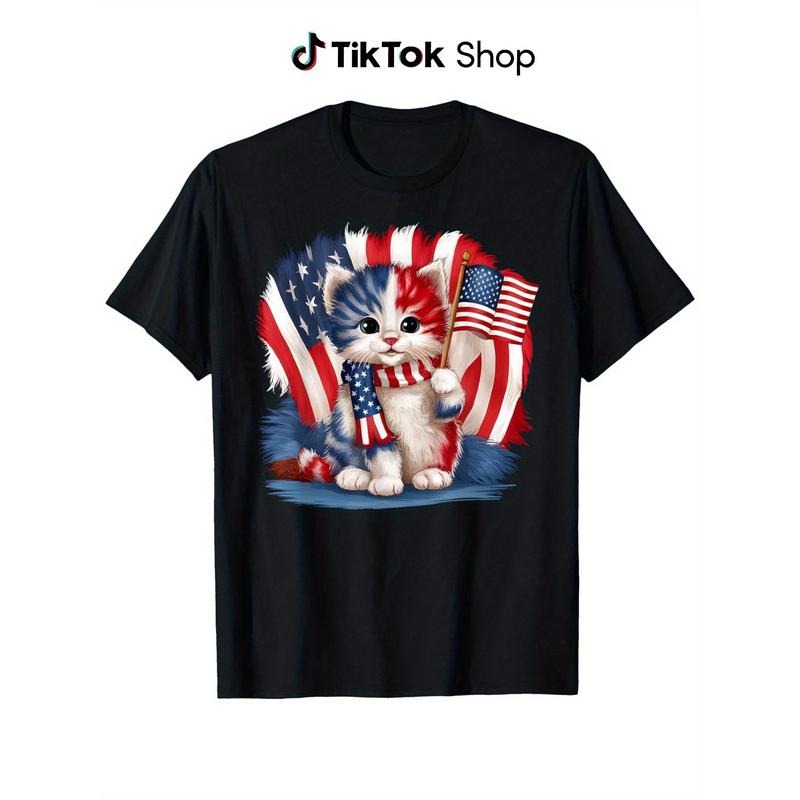 Patriotic Cat & American Flag T-Shirt
