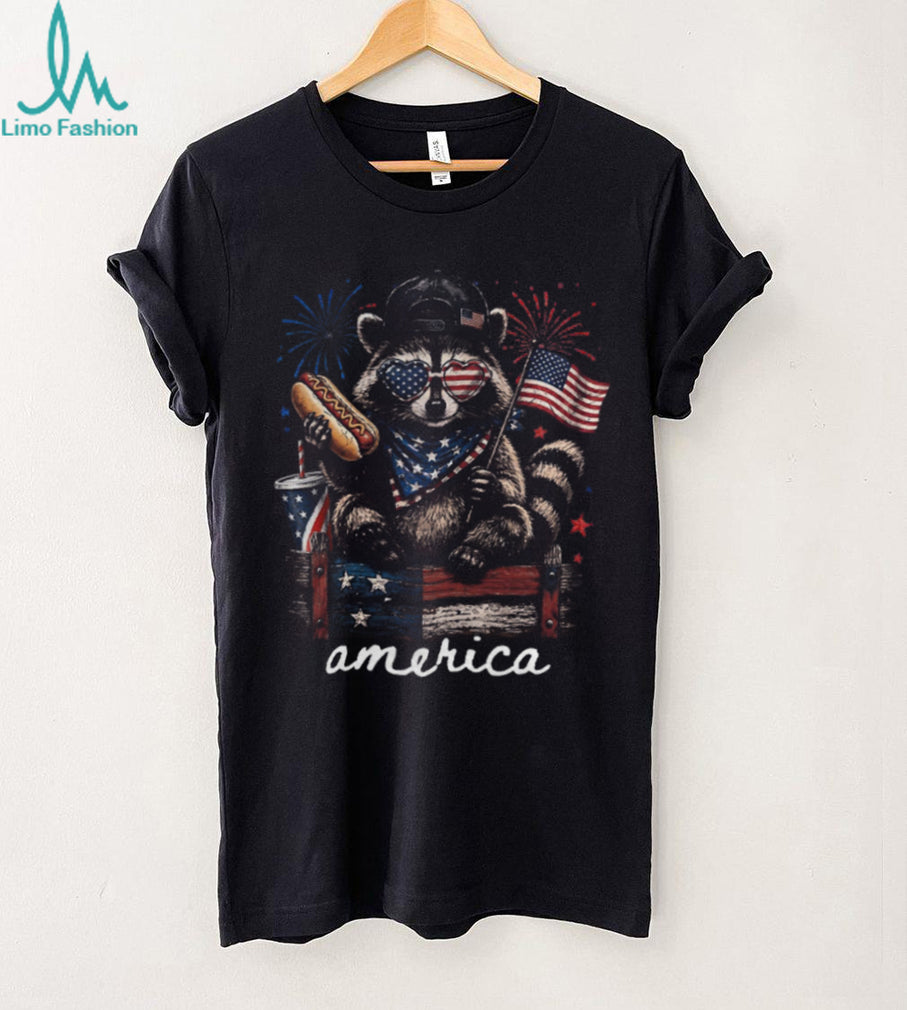 Patriotic Raccoon USA Flag Hot Dog Fourth of July Graphic Shirt