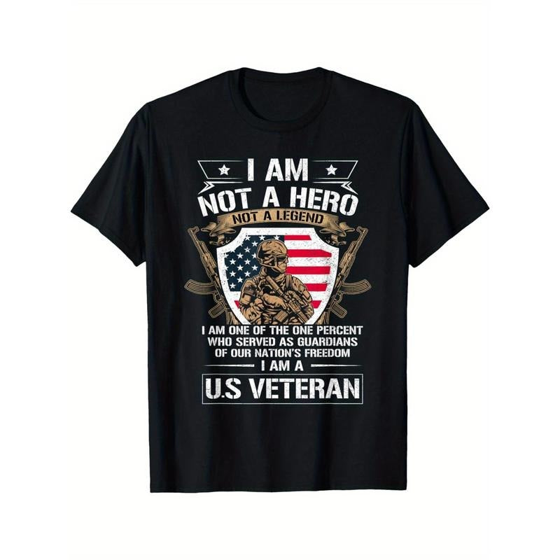 Patriotic US Veteran T-Shirt - "I Am Not a Hero, I Am a U.S. Veteran" Graphic with American Flag & Soldier Silhouette -...