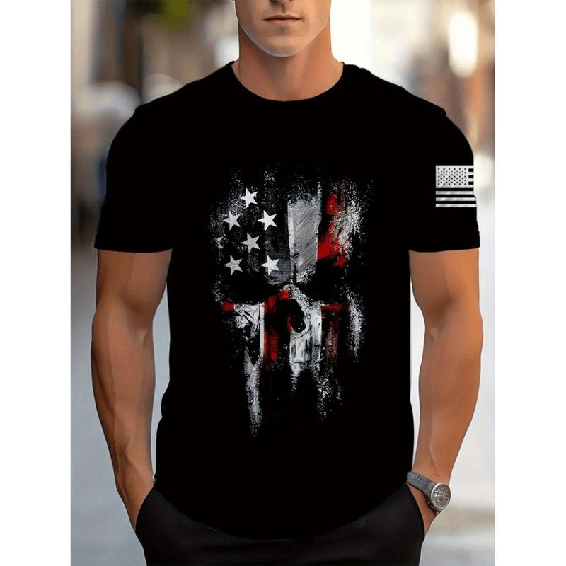 Patriotic USA Flag Skull 3D Printed Cotton T-Shirt For Men Street Style Short Sleeve Casual Top Perfect For Holidays And...