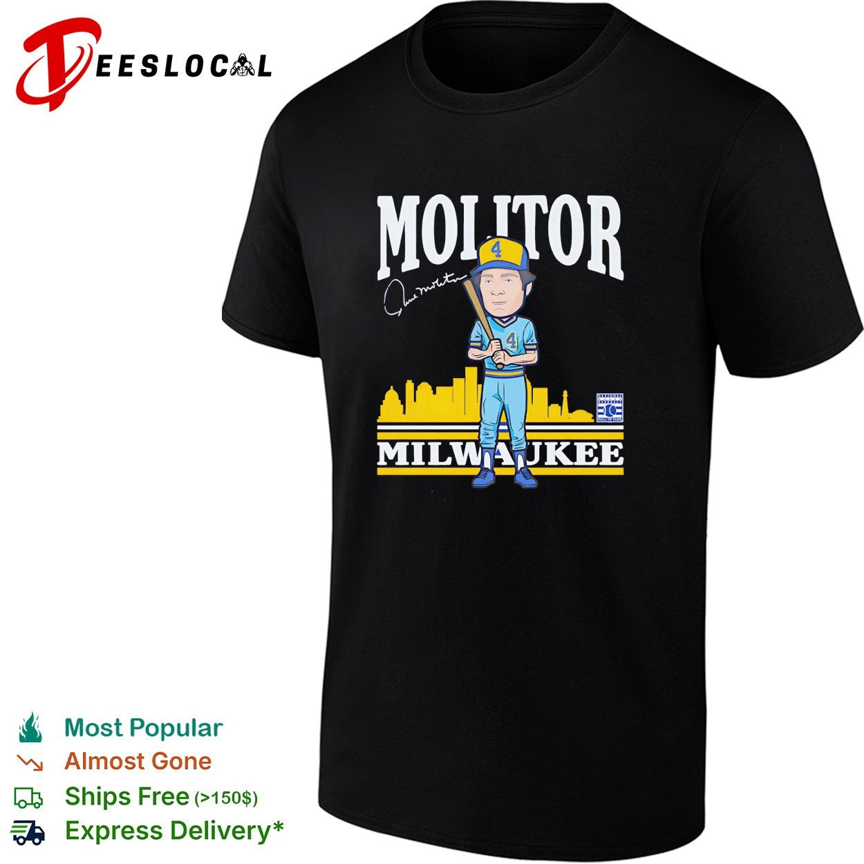 Paul Molitor number 4 Milwaukee Brewers baseball skyline cartoon signature shirt