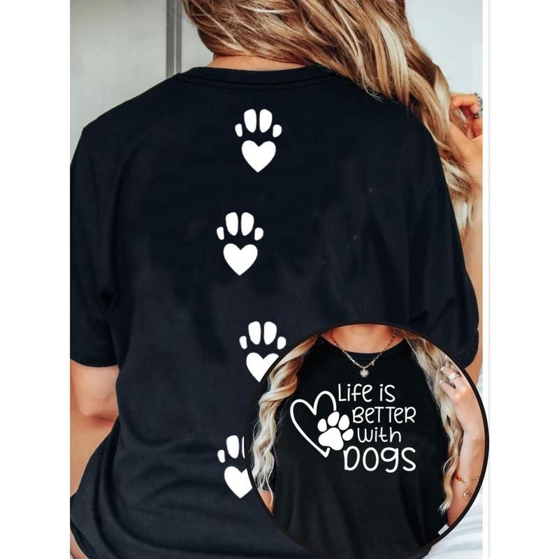 [Paw & Heart Print Tee] Summer Short Sleeve Crew Neck Paw & Heart Print T-shirt