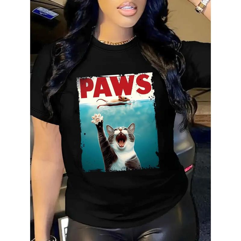 Paws Print Crew Neck T-Shirt, Casual Short Sleeve T-Shirt For Spring & Summer, Women's Clothing Hoodie, Sweatshirt