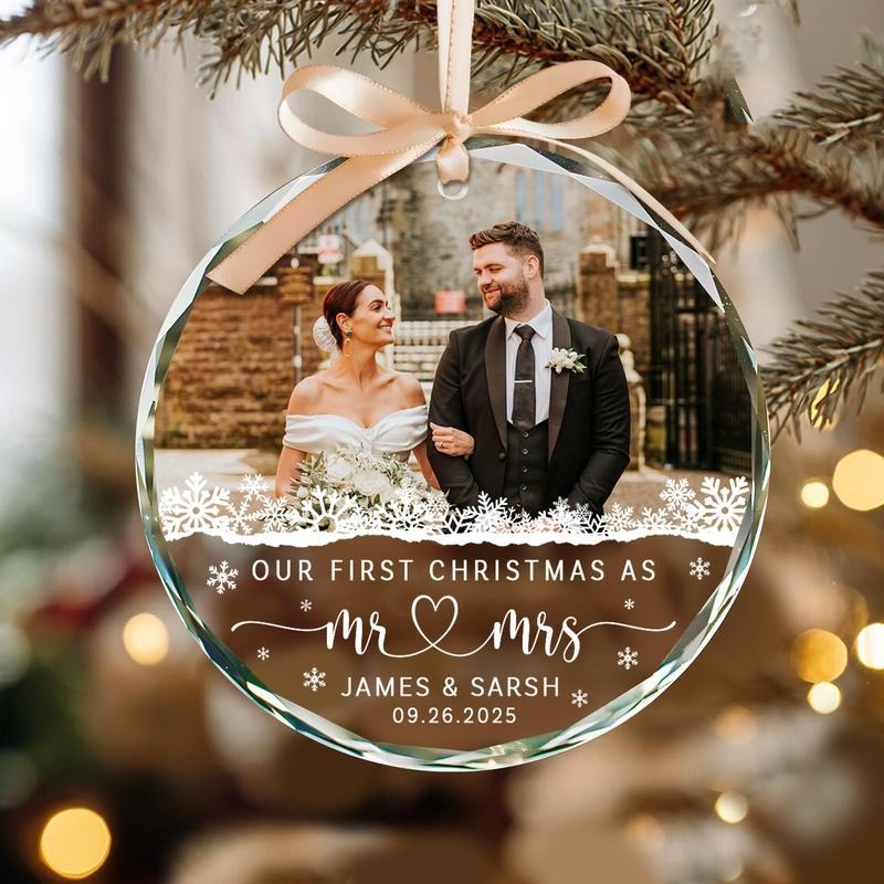Personalized First Christmas Married Glass Ornament: Custom Couple Photo Wedding Keepsake, Mr & Mrs Gift T-Shirts,...