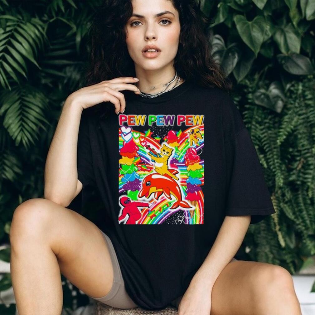 Pew Pew Pew Rainbow Cat Riding Dolphin Vaporwave Aesthetic T Shirt