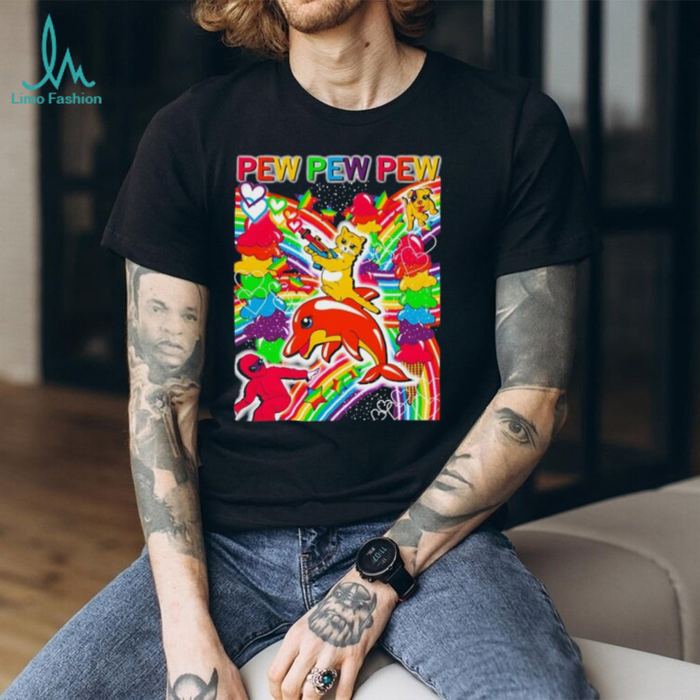 Pew Pew Pew Rainbow Cat Riding Dolphin Vaporwave Aesthetic T Shirt