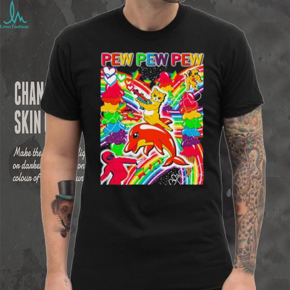Pew Pew Pew Rainbow Cat Riding Dolphin Vaporwave Aesthetic T Shirt