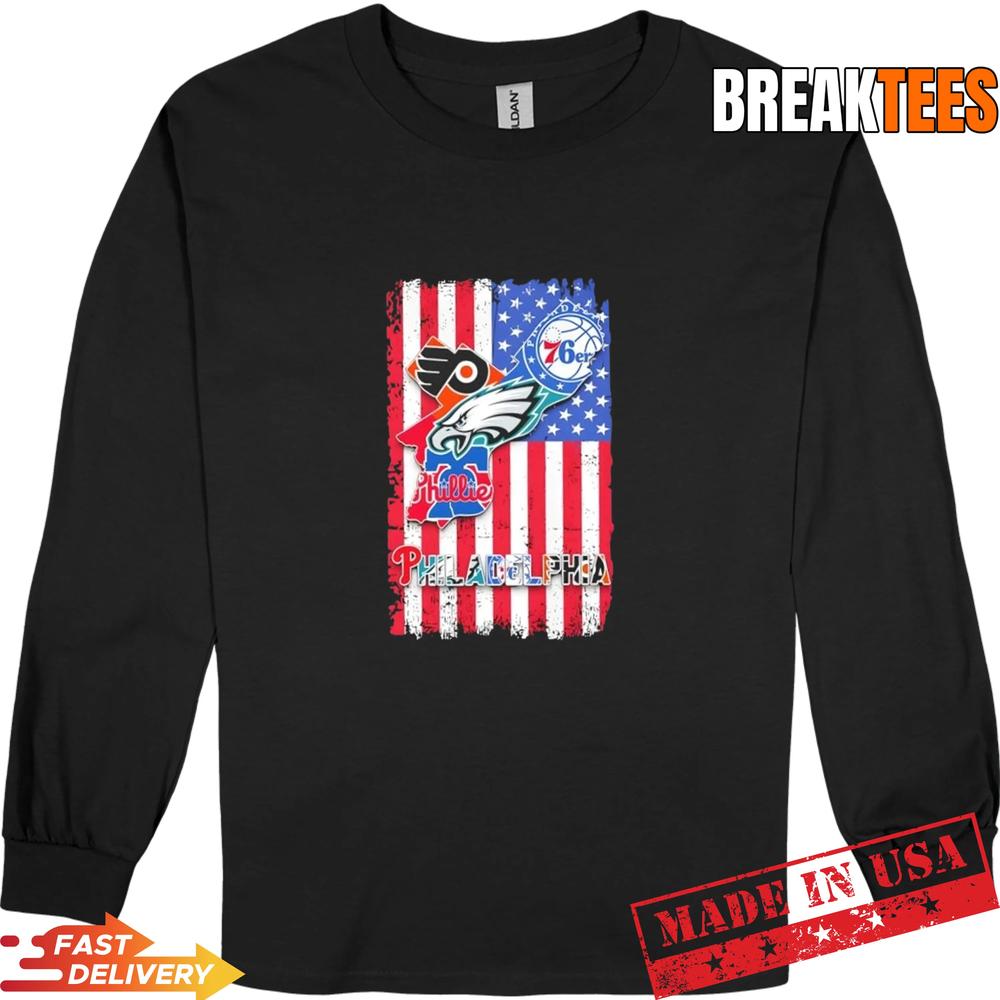 Philadelphia City Sports Flyers Eagles 76ers Phillies US Flag T-Shirt