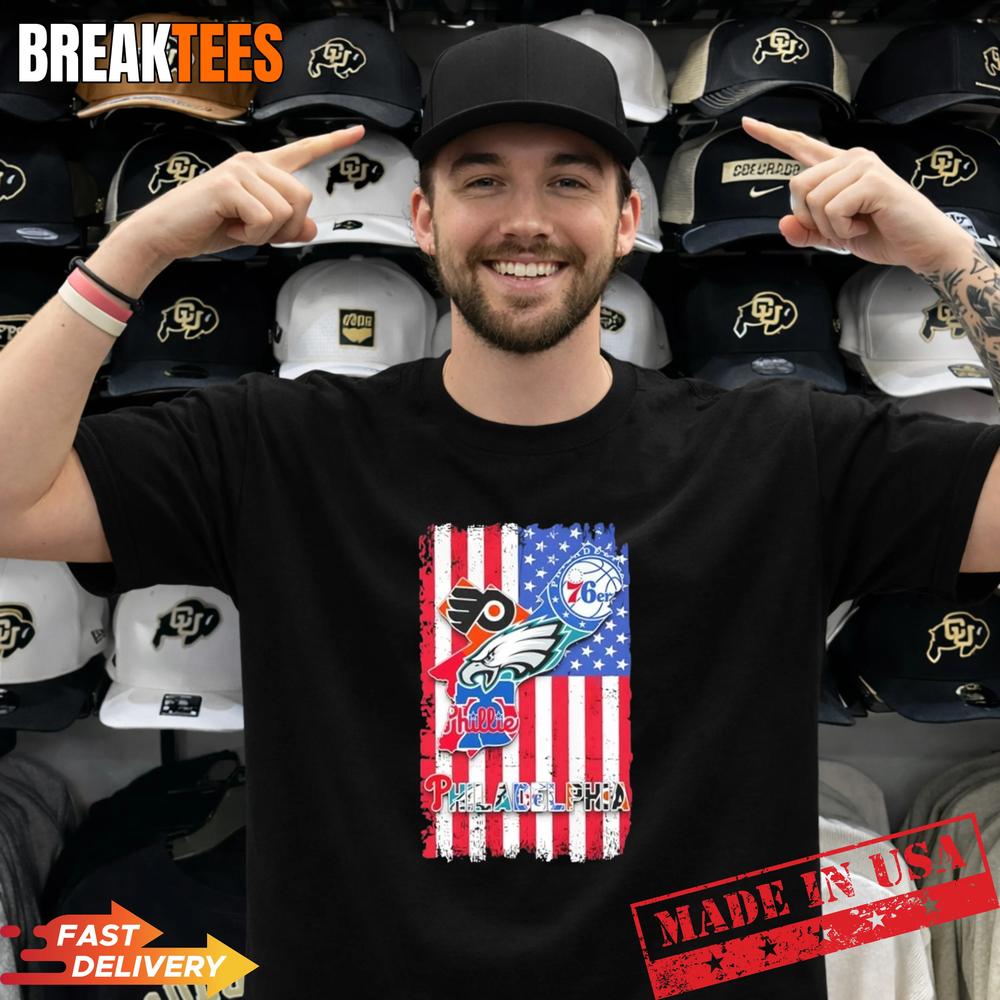 Philadelphia City Sports Flyers Eagles 76ers Phillies US Flag T-Shirt