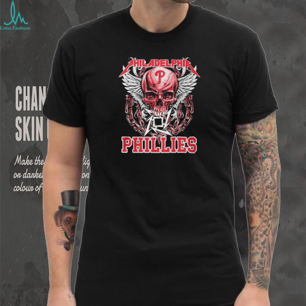 Philadelphia Phillies Red Skull With White Wings And Heavy Metal Chains T Shirt