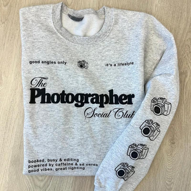 'Photographer Social Club' Crewneck Sweatshirt, Cute Camera Sleeve Print T-Shirts, Hoodie | PodTeesHub.com