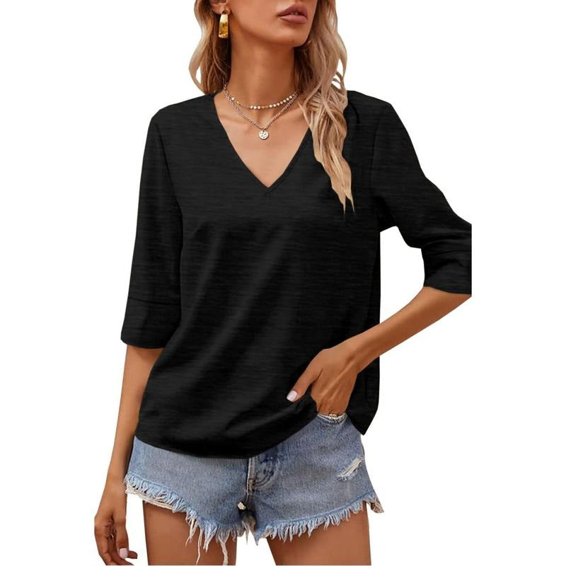 PiePieBuy Wome's Fashion Half Sleeve V Neck T Shirt Solid Loose Basic Top X Large Khaki Hoodie, Sweatshirt | PodTeesHub.com