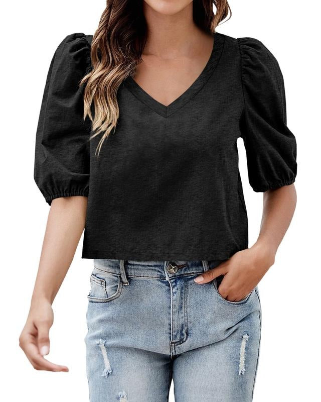 PiePieBuy Women's Puff Half Sleeve Cropped T Shirts Solid V Neck Crop Tees Summer Tops, White, XX-Large Hoodie, Sweatshirt